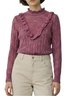 Bishop + Young ruffled v-neck open knit crochet sweater XS excellent condition